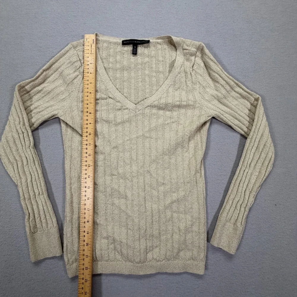 White House Black Market Womens Sweater Slim Gold Metallic Ribbed V-Neck M